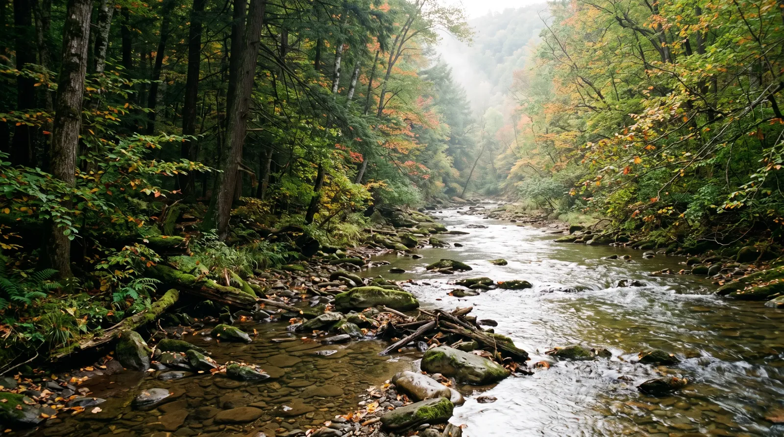Illustrative Appalachian stream winding through a hemlock forest